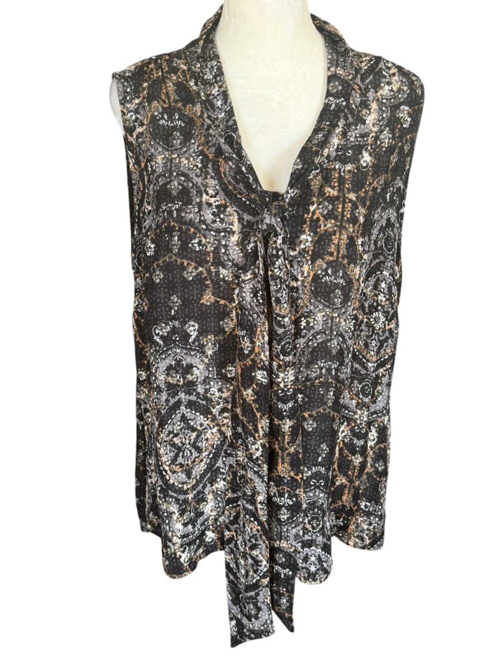Covington women's black and gold sleeveless neck tie button down blouse size L